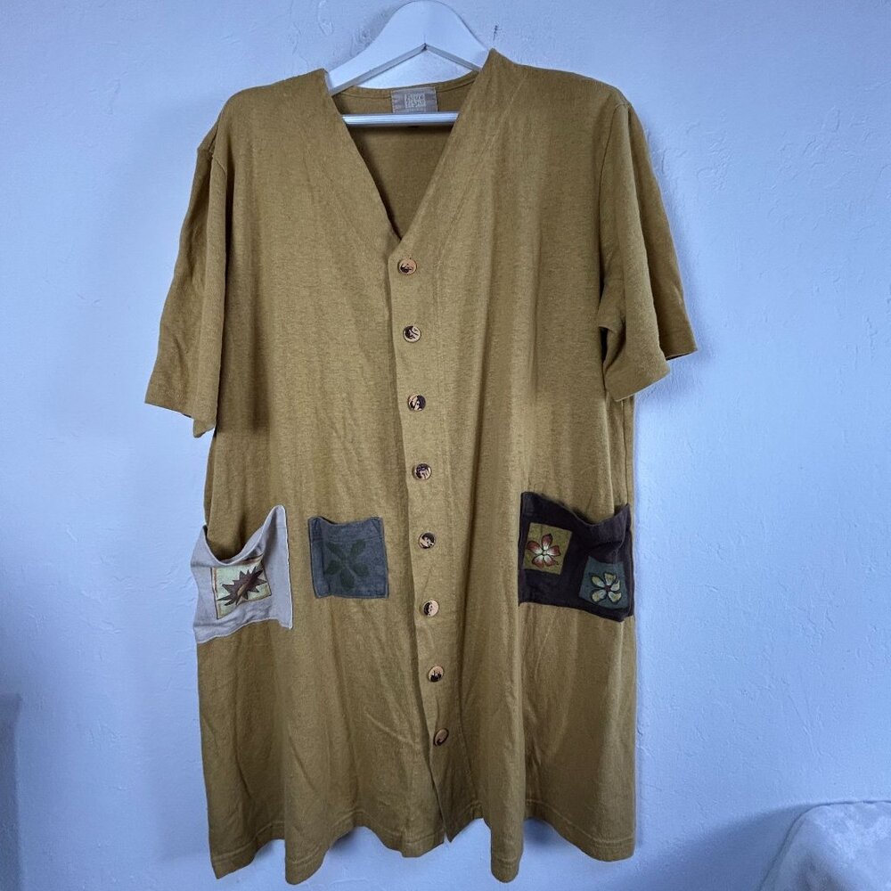 Vintage Blue Fish 2000 Cotton Hemp 3 Block Cardigan Sun Pocket Size 2 Mustard